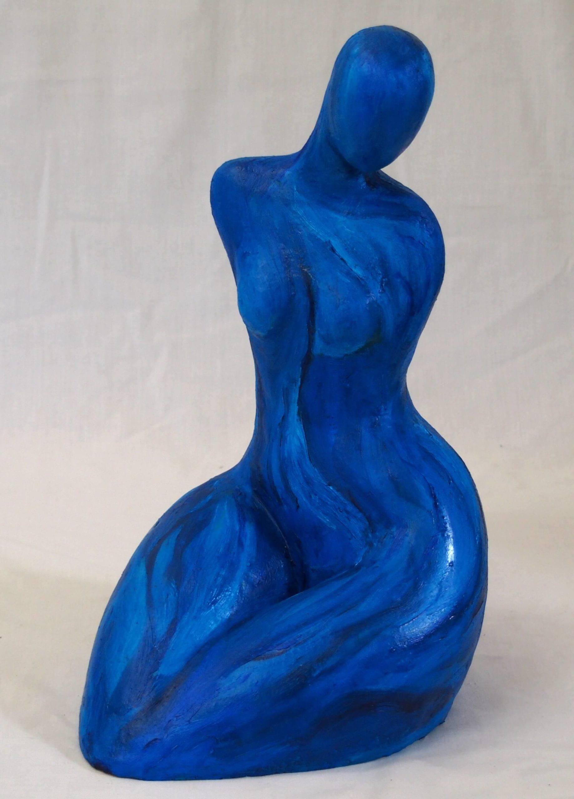 Blue seated Figure, clay sculpture by Robyn Varpins