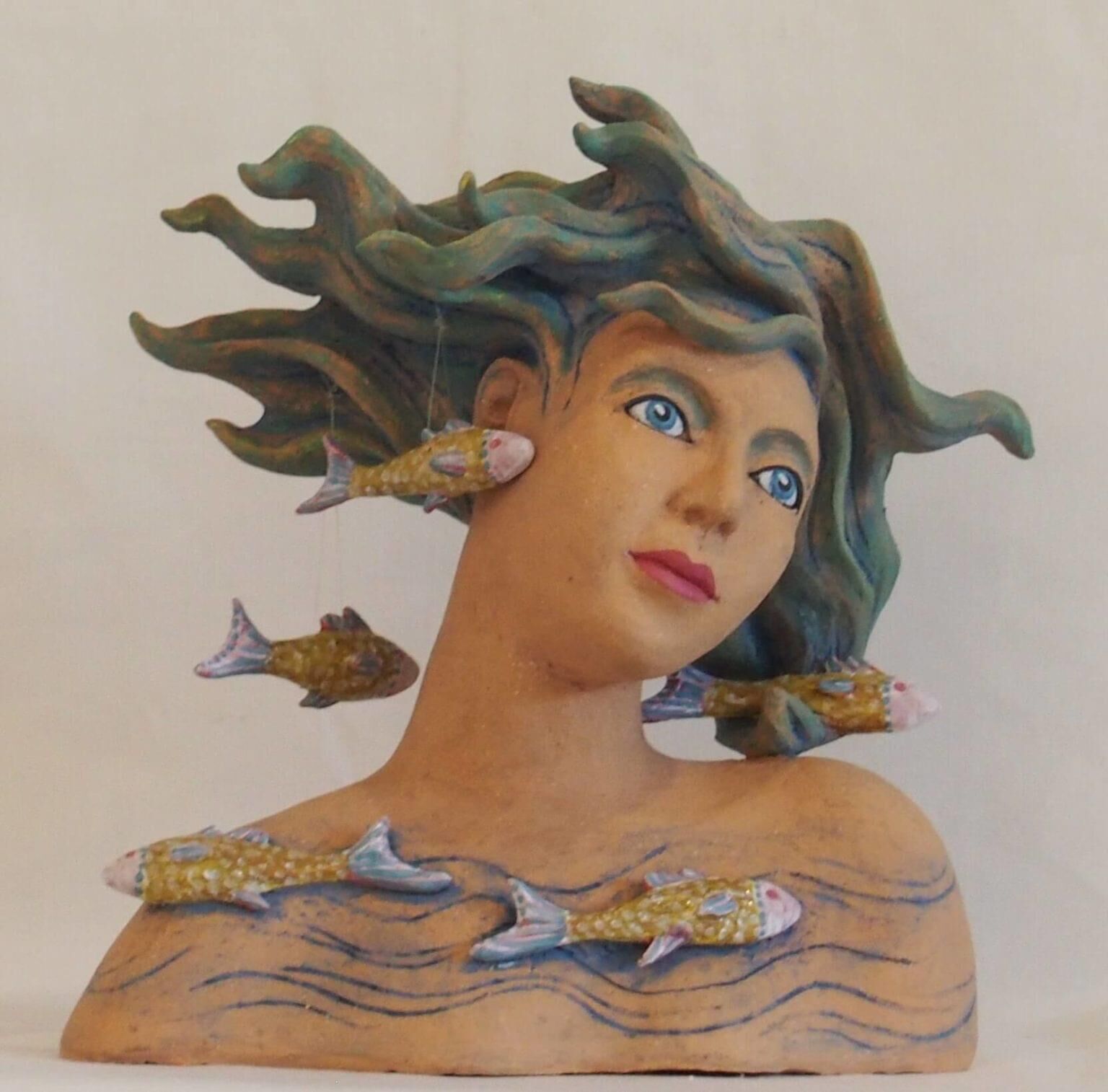  She Swims with the Fishes, clay sculpture,  Mermaid-Bust